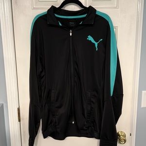 Puma Black Full Zip Up Jacket With Aqua Blue Stripes and Details.